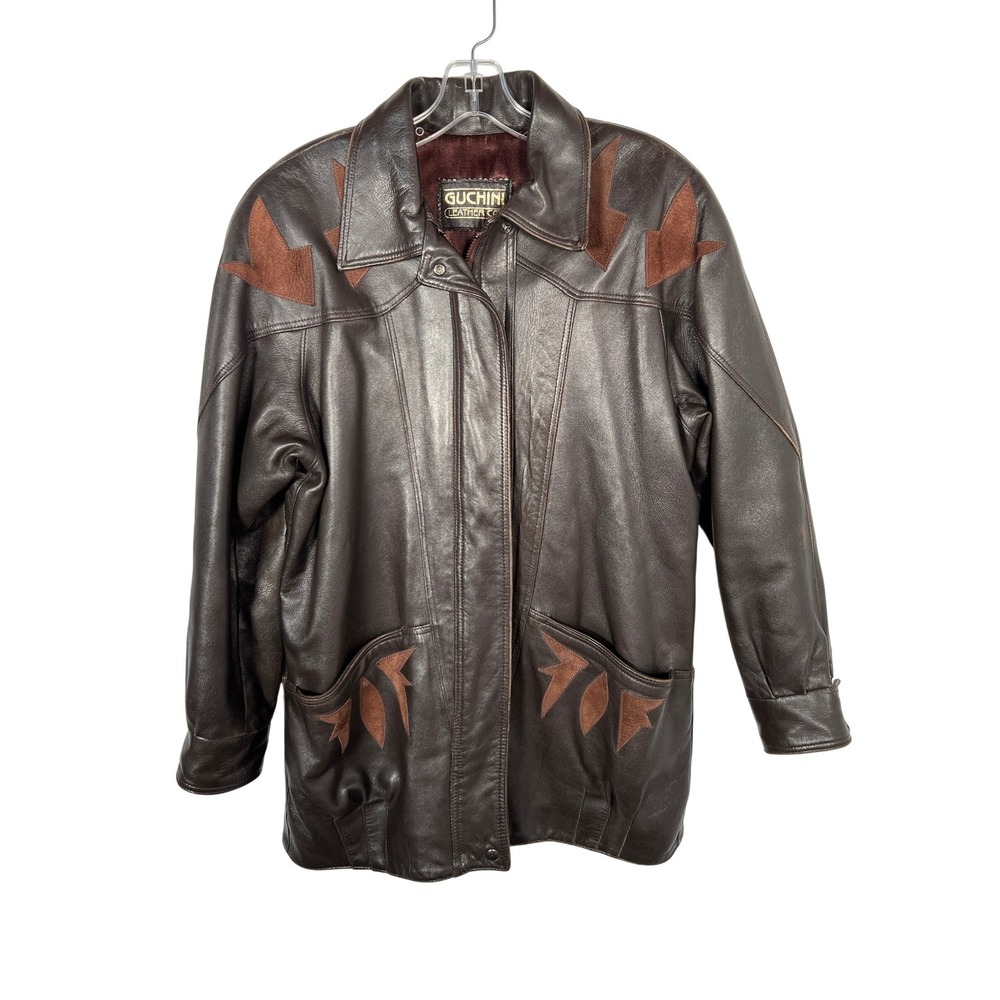 Vintage Guchini Leather Co Brown Western Suede Inlay Leather Jacket‎ XS